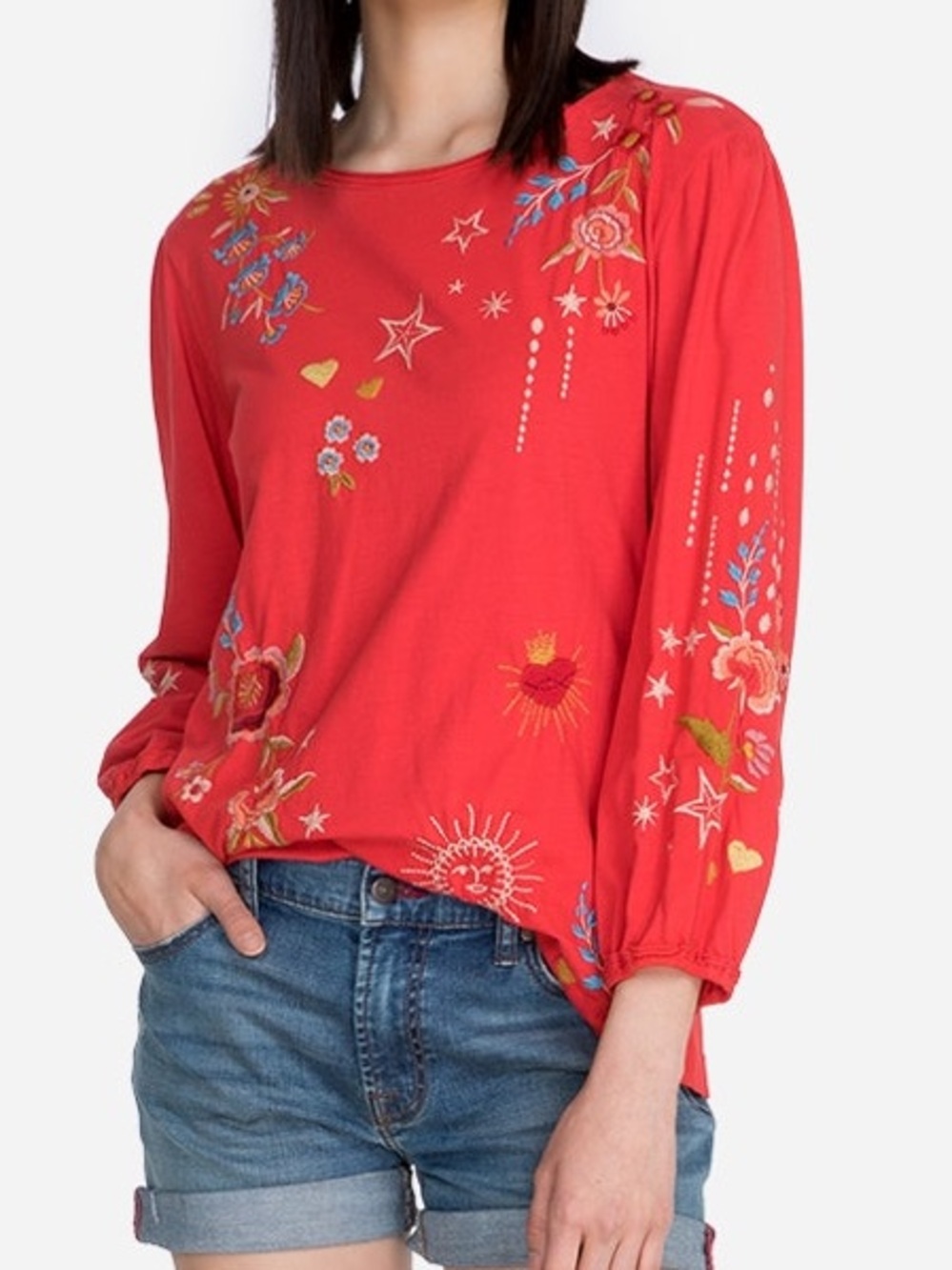 Johnny Was Maris Embroidered Celestial Floral Cotton Top XS